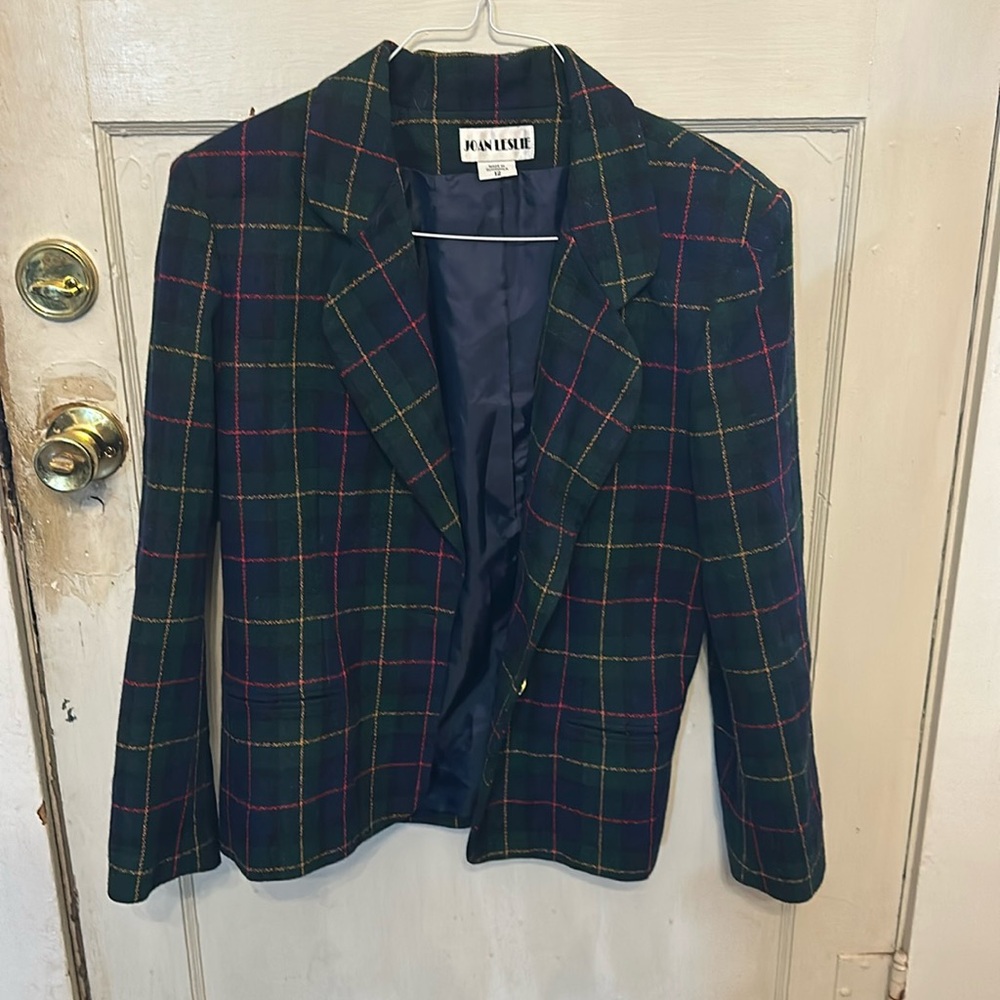 Joan Leslie Blue multicolored wool LS one button blazer jacket-SZ 12